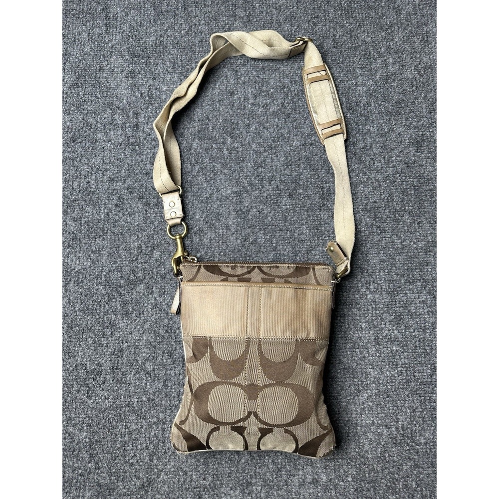 Womens Canvas Coach Signature Beige‎ Brown Crossbody Bag, Size One Size